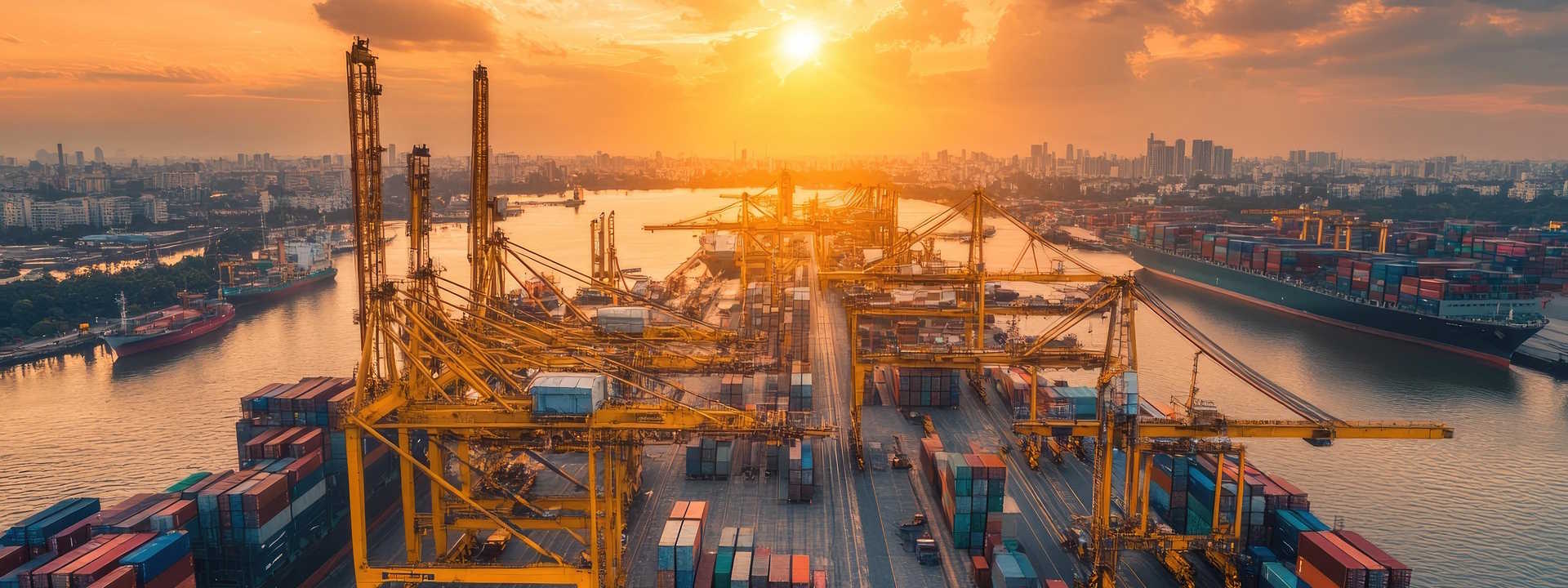 A sunset view of a container port.